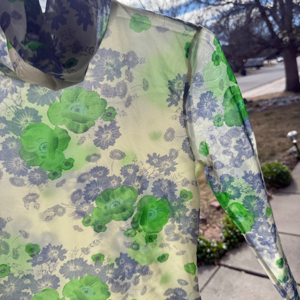 Ganni Floral Mesh Turtleneck Top Women Size 36 Green Purple Sheer Long Sleeve EX - Picture 5 of 11